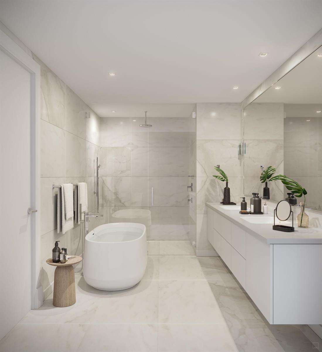 This rendering shows a modern bathroom with a freestanding tub, glass shower, and double vanity — 305 Briny Avenue # 601, Pompano Beach FL 33062, POMPANO BEACH, FL