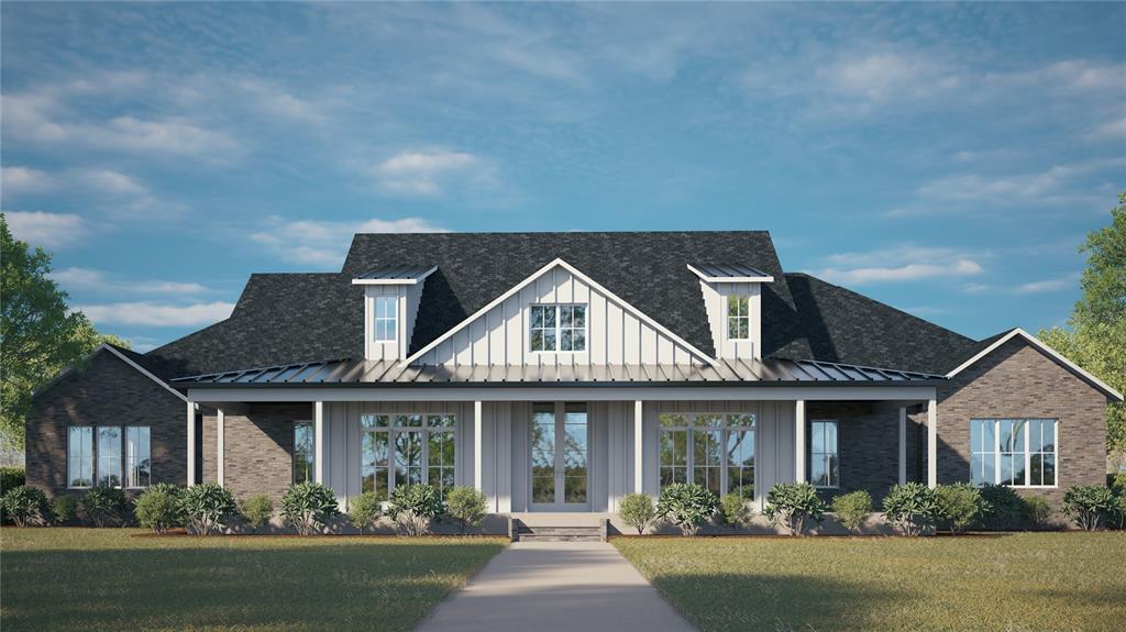 A rendering of a single-story farmhouse with dark brick, white vertical siding, and a metal roof — 38361 LAKE MEADOW COURT, UMATILLA, FL