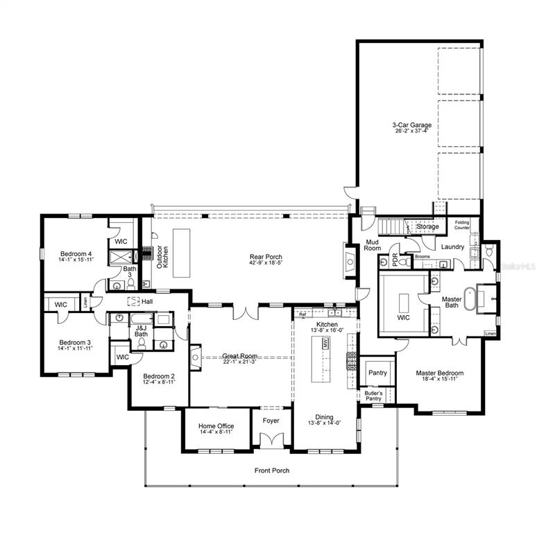 This floor plan shows a single-story house with four bedrooms, a three-car garage, and porches — 38361 LAKE MEADOW COURT, UMATILLA, FL