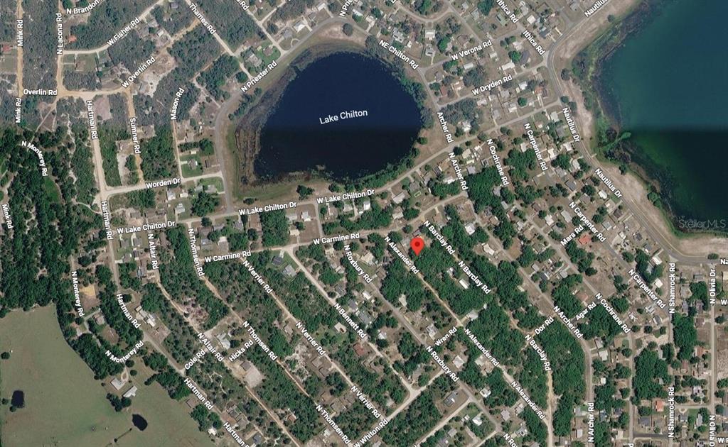 This is an aerial map view of a residential neighborhood surrounding Lake Chilton — 2340 N ALEXANDER ROAD, AVON PARK, FL