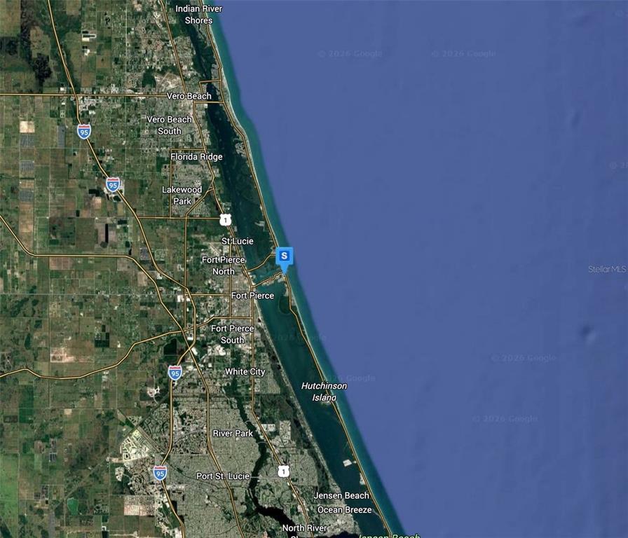 This is a satellite map showing the coastline of Florida near Fort Pierce and Hutchinson Island — 1715 PORPOISE AVENUE, FORT PIERCE, FL