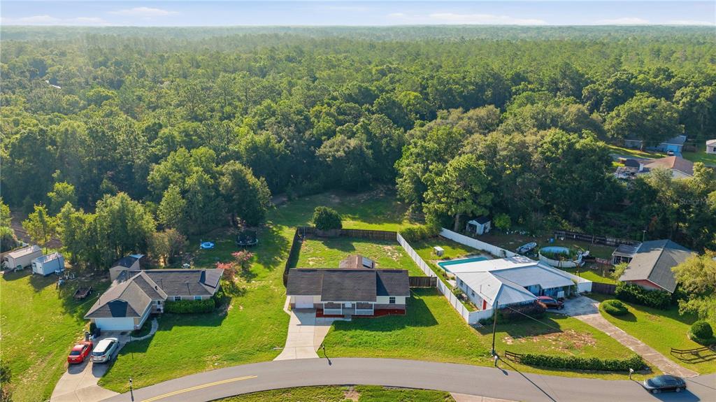 An aerial view shows three suburban houses with large backyards bordering a dense forest — 3 ALMOND TRAIL PLACE, OCALA, FL