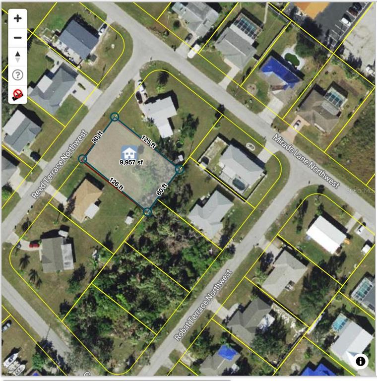 An aerial map view shows a rectangular residential lot highlighted with property boundary lines — 1063 REED TERRACE NW, PORT CHARLOTTE, FL