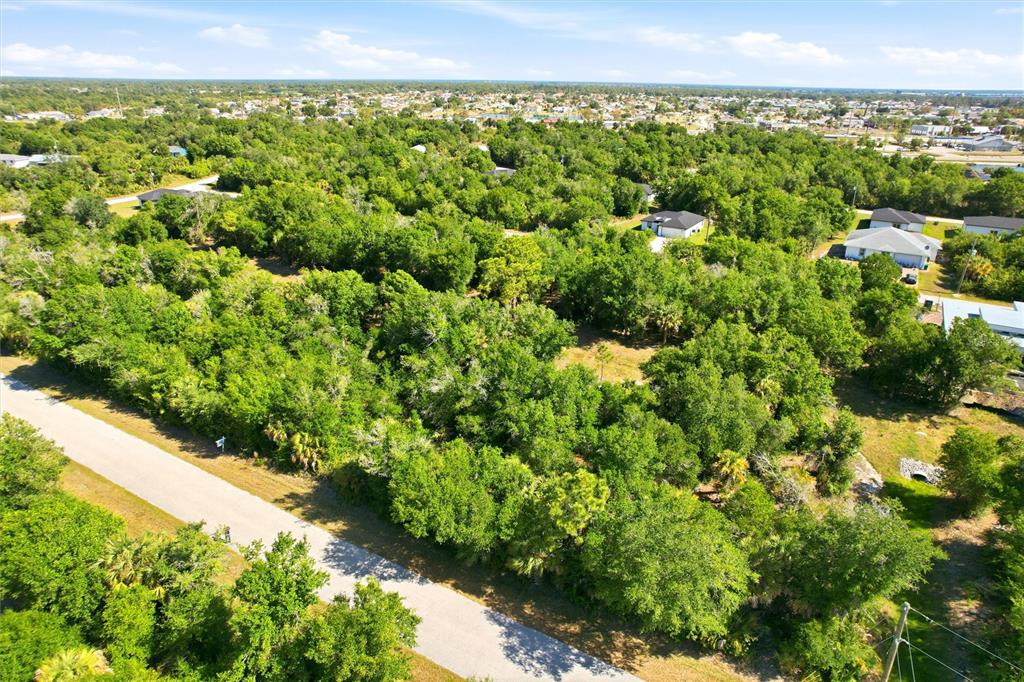 An aerial view shows a wooded residential lot bordered by a paved road — 7095 FREEBERG CIRCLE, PORT CHARLOTTE, FL