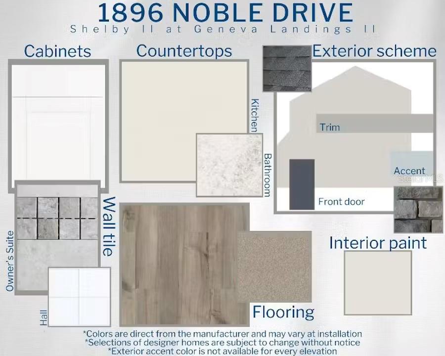 This design board displays material and color selections for home cabinetry, countertops, flooring, and exterior — 1896 NOBLE DRIVE, DAVENPORT, FL