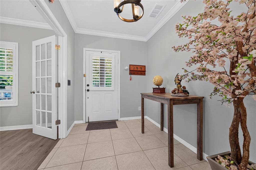A bright entryway features light gray walls, tile flooring, a wooden console table, and a tree — 1037 OLD BLUSH RD, CELEBRATION, FL