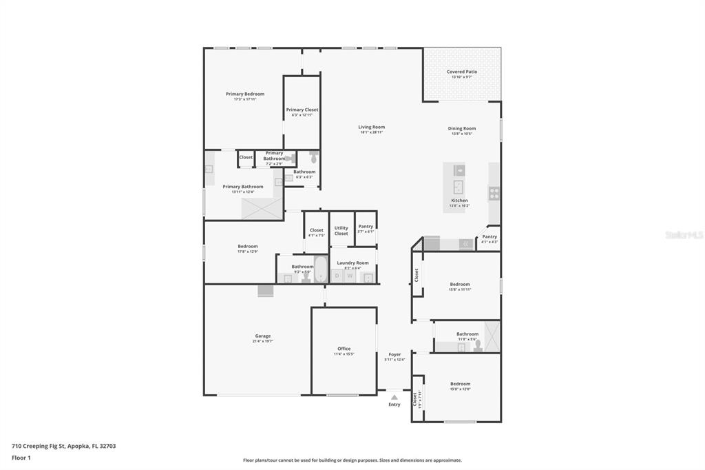 This is a floor plan for a single-story house with a garage and multiple bedrooms — 710 CREEPING FIG STREET, APOPKA, FL