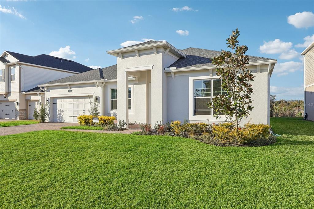 A single-story house with a white stucco exterior, a two-car garage, and a front entryway — 710 CREEPING FIG STREET, APOPKA, FL