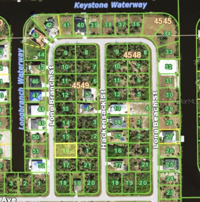 This is a map showing a residential neighborhood with numbered lots along several streets — 10138 LONG BRANCH STREET, PORT CHARLOTTE, FL
