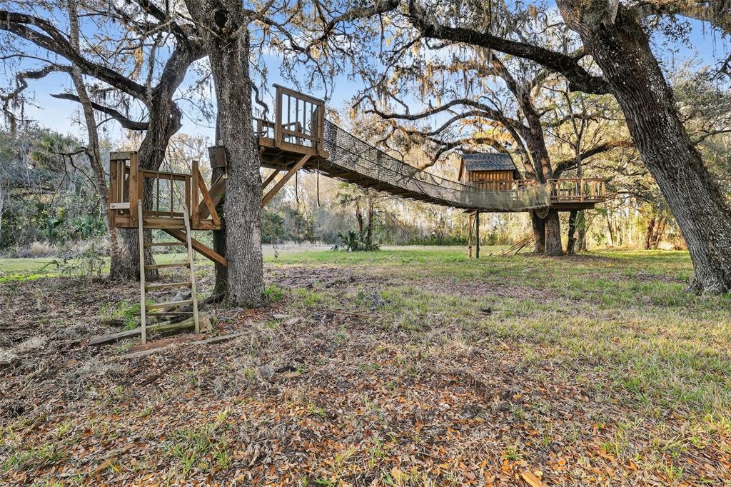 A wooden treehouse with a suspension bridge connects two large oak trees in a yard — 1721 COUNTY ROAD 25A, LEESBURG, FL