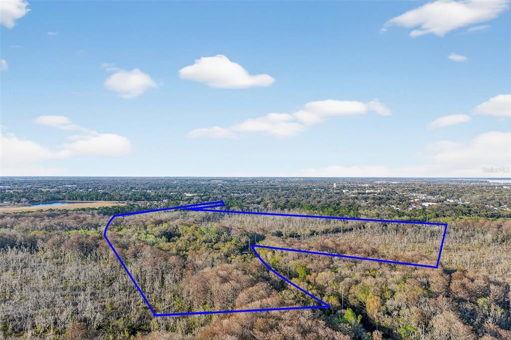 An aerial view shows a large, wooded plot of land outlined in blue — 1721 COUNTY ROAD 25A, LEESBURG, FL