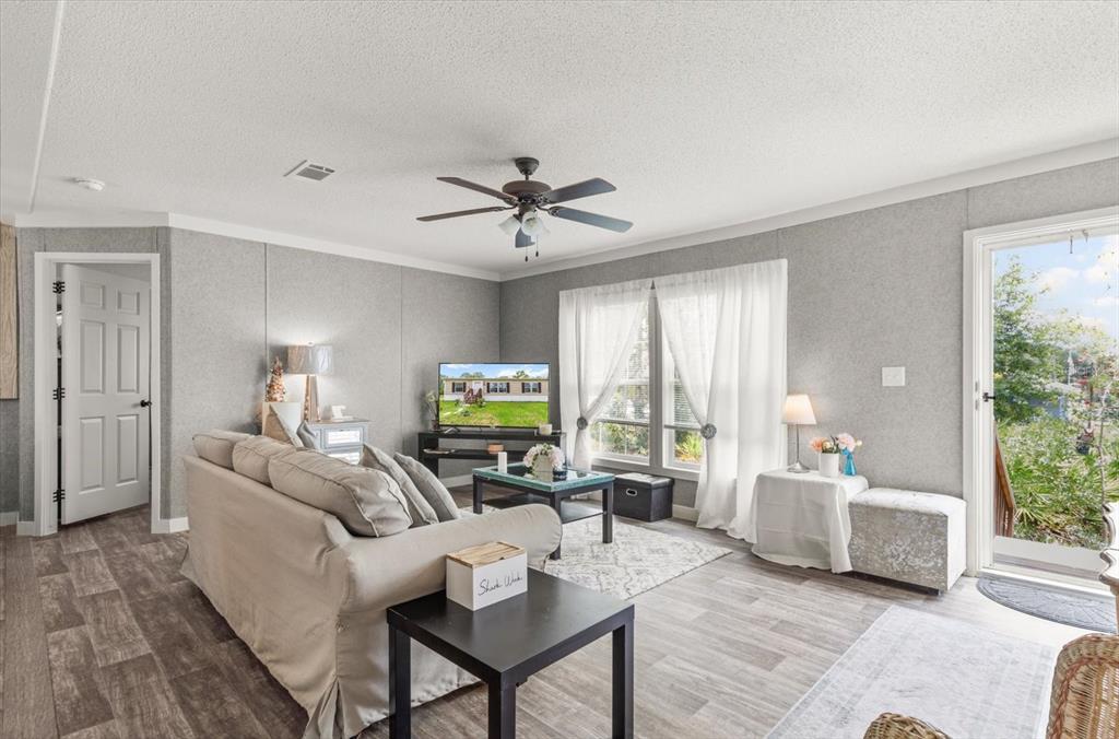 A living room features gray walls, wood-look flooring, a ceiling fan, and a glass door — 6544 W MAE, HOMOSASSA, FL