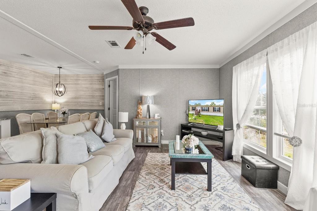 A living room with a beige sofa, area rug, ceiling fan, and television on a stand — 6544 W MAE, HOMOSASSA, FL