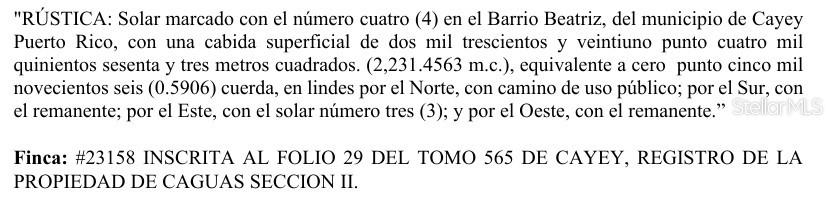 This image displays a text description of a property's legal description and registration details — 7786 KM HM .08, CAYEY, PR