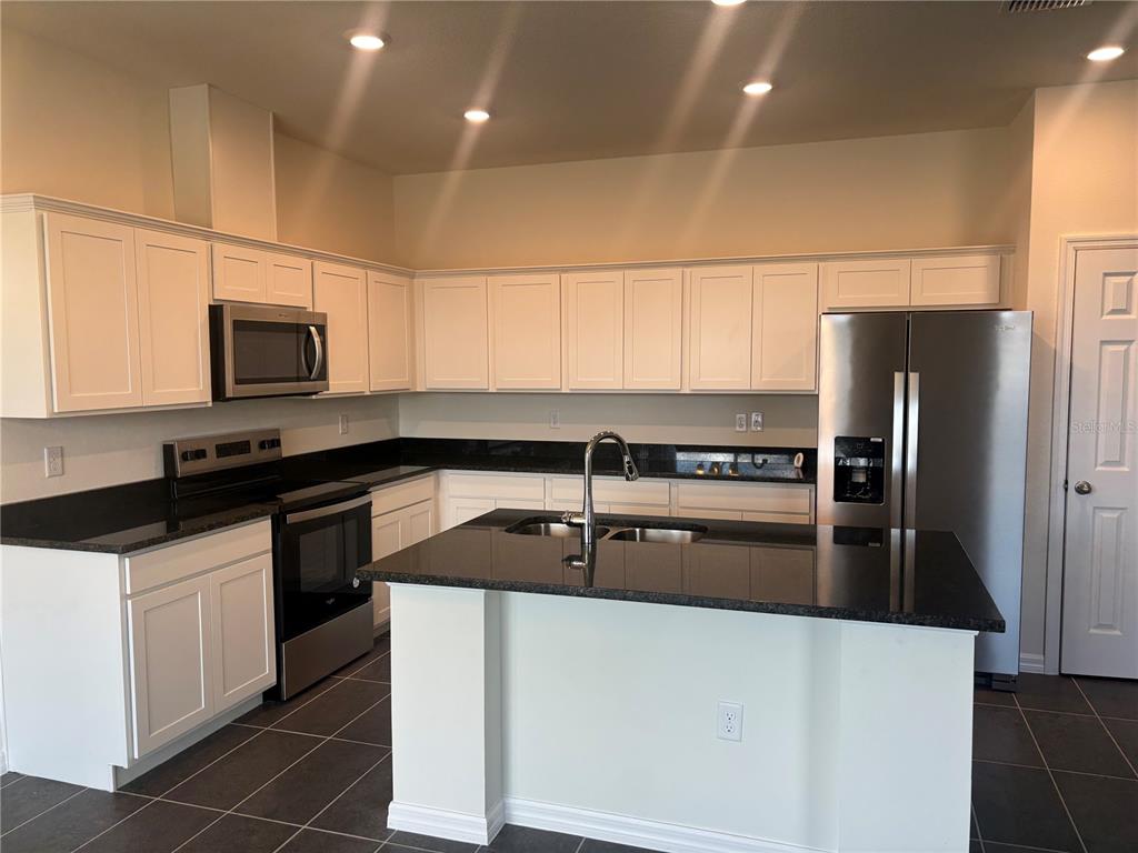 A kitchen with white cabinets, black countertops, stainless steel appliances, and a central island — 2347 SELENIA STREET, LAKE ALFRED, FL