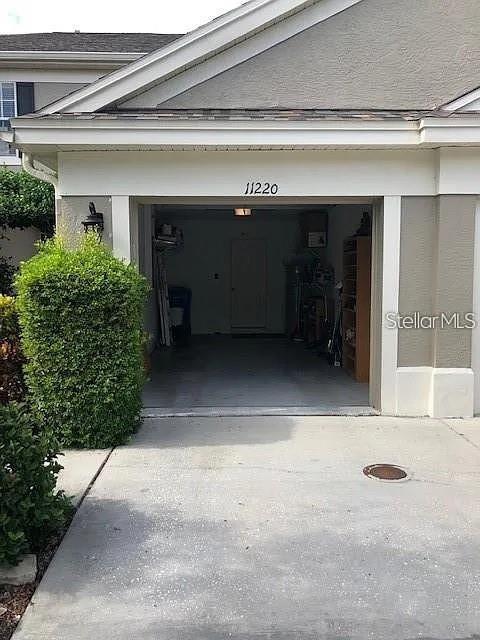 A view of a residential garage entrance with a concrete driveway and a green bush — 11220 WINDSOR PLACE CIRCLE, TAMPA, FL