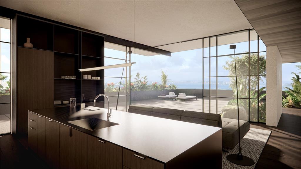 This rendering shows a modern kitchen with dark cabinetry and an island overlooking a terrace — 152 TETUAN STREET, SAN JUAN, PR