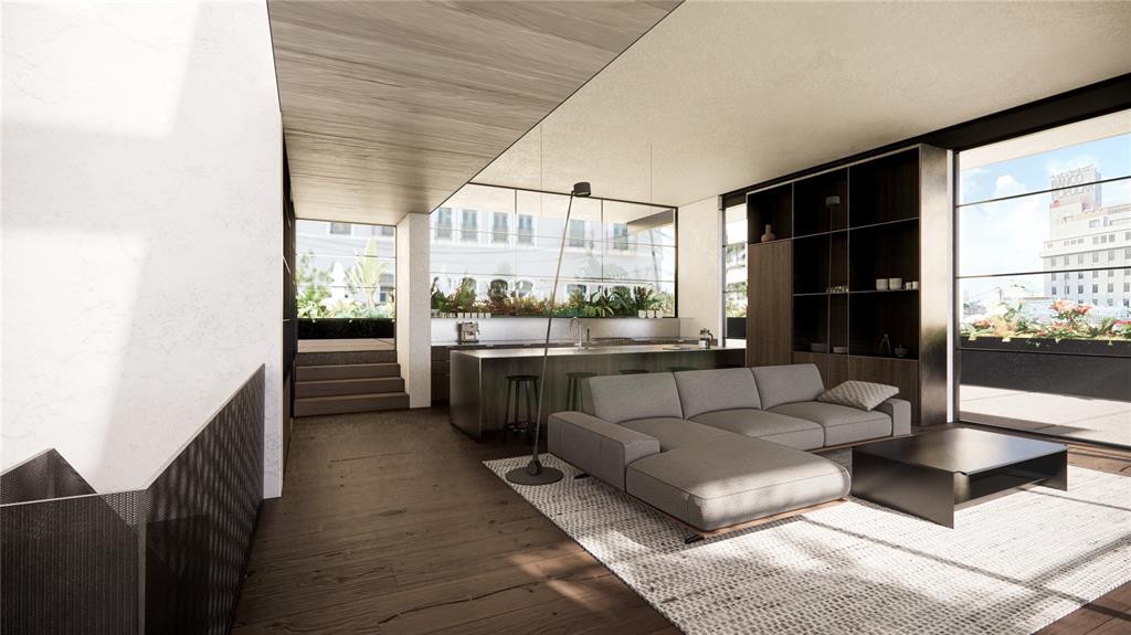 This rendering shows a modern open-concept living room and kitchen with floor-to-ceiling windows — 152 TETUAN STREET, SAN JUAN, PR