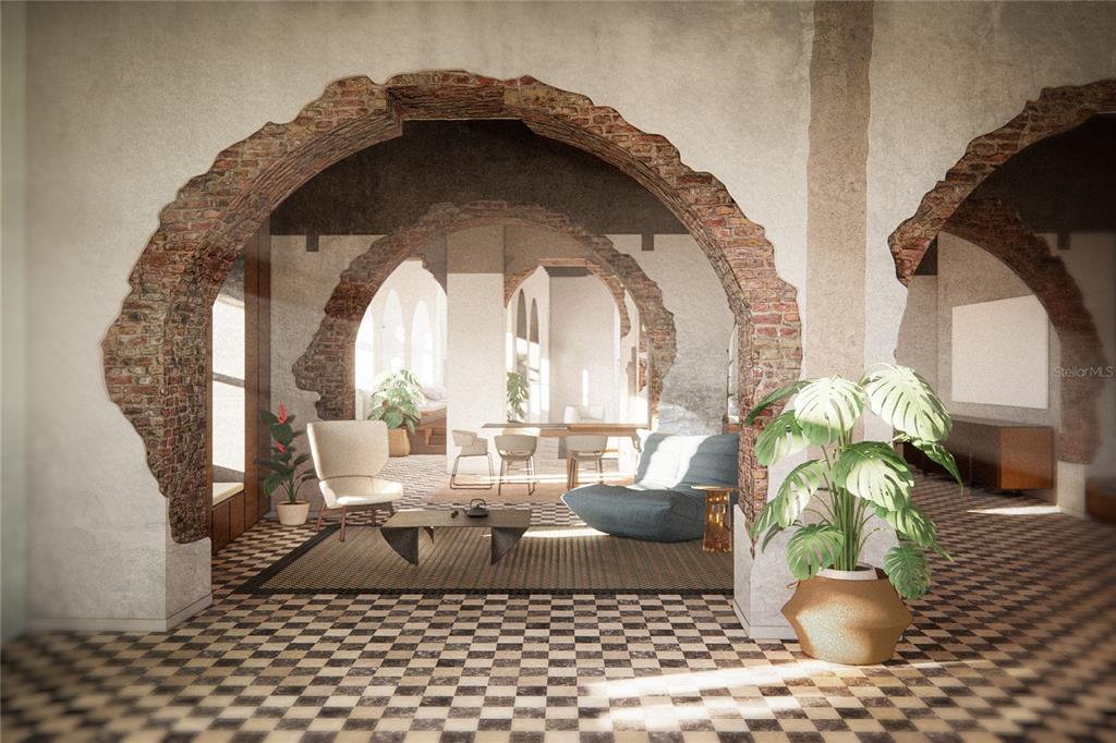 This rendering shows a living area with exposed brick arches and a checkered tile floor — 152 TETUAN STREET, SAN JUAN, PR
