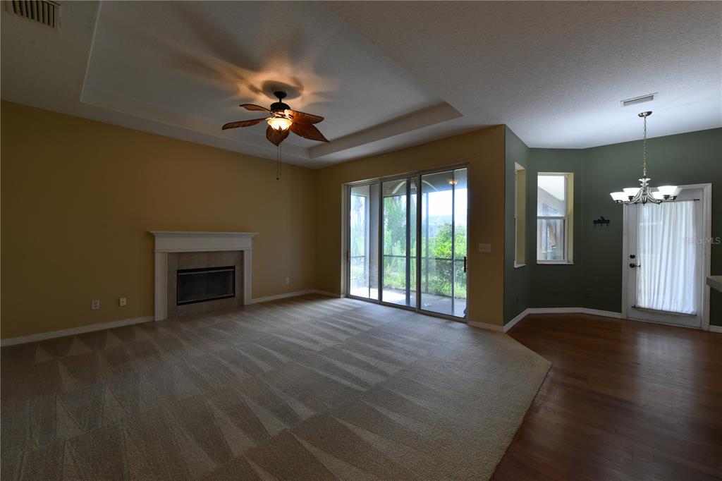 A living room features a fireplace, carpeted flooring, a ceiling fan, and sliding glass doors — 2509 155TH AVENUE E, PARRISH, FL