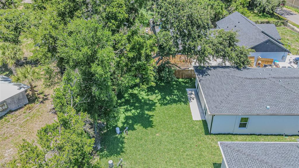 An aerial view shows a grassy backyard between two houses with several large trees — 12690 N CENTRAL AVENUE, TAMPA, FL