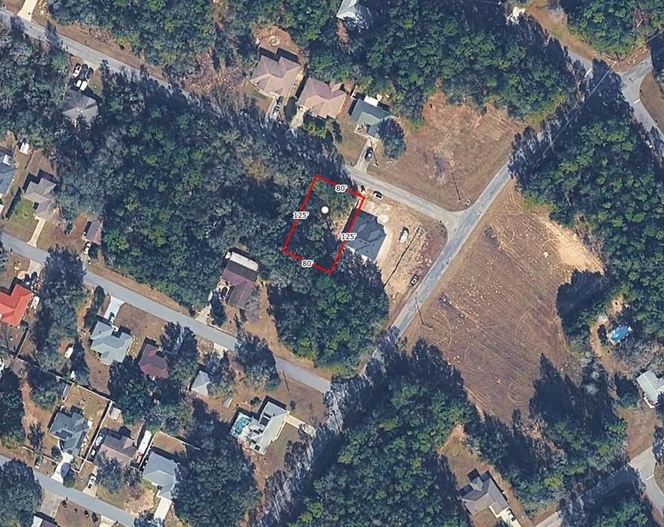 This is an aerial map showing a rectangular residential lot outlined in red — 2184 W SUMMER PLACE, CITRUS SPRINGS, FL