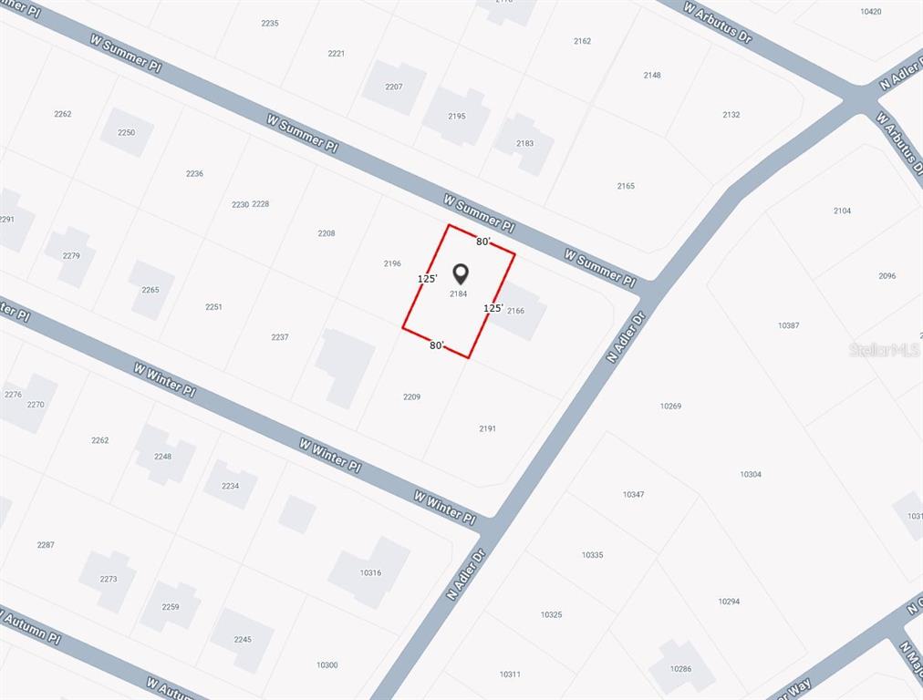 This is a map showing a rectangular property lot highlighted in red — 2184 W SUMMER PLACE, CITRUS SPRINGS, FL