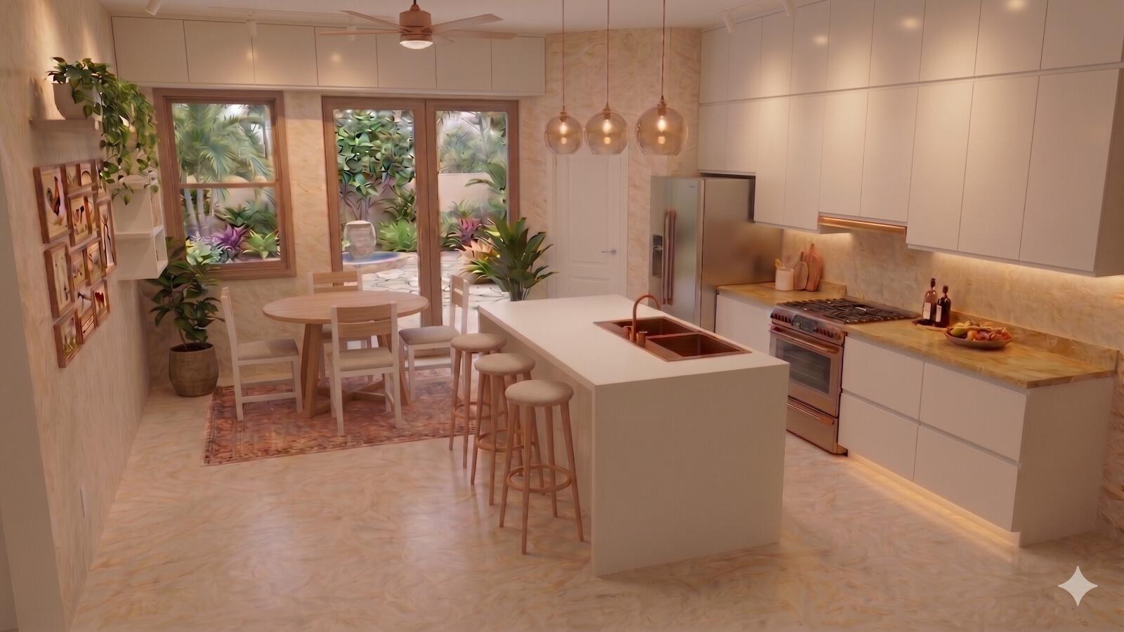 This rendering shows a modern kitchen with white cabinetry, a central island, and dining area — 3 Lancaster Lane, North Port FL 34286, NORTH PORT, FL