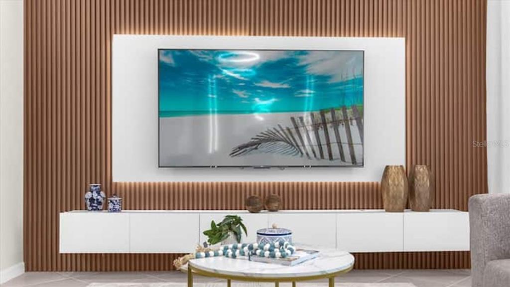 A wall-mounted television sits on a white panel against a vertical wood slat wall — 1236 BLUE ISLAND DRIVE, CLERMONT, FL