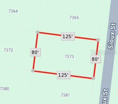 This is a map showing the rectangular dimensions of a property lot measuring 80 by 125 feet — 7373 SIOUX STREET, PORT CHARLOTTE, FL
