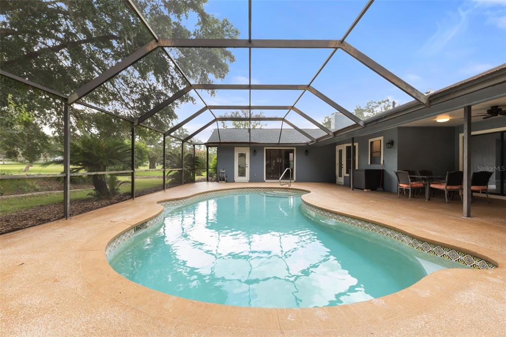 A screened-in patio features a kidney-shaped swimming pool and a covered outdoor dining area — 751 E GILCHRIST COURT, HERNANDO, FL