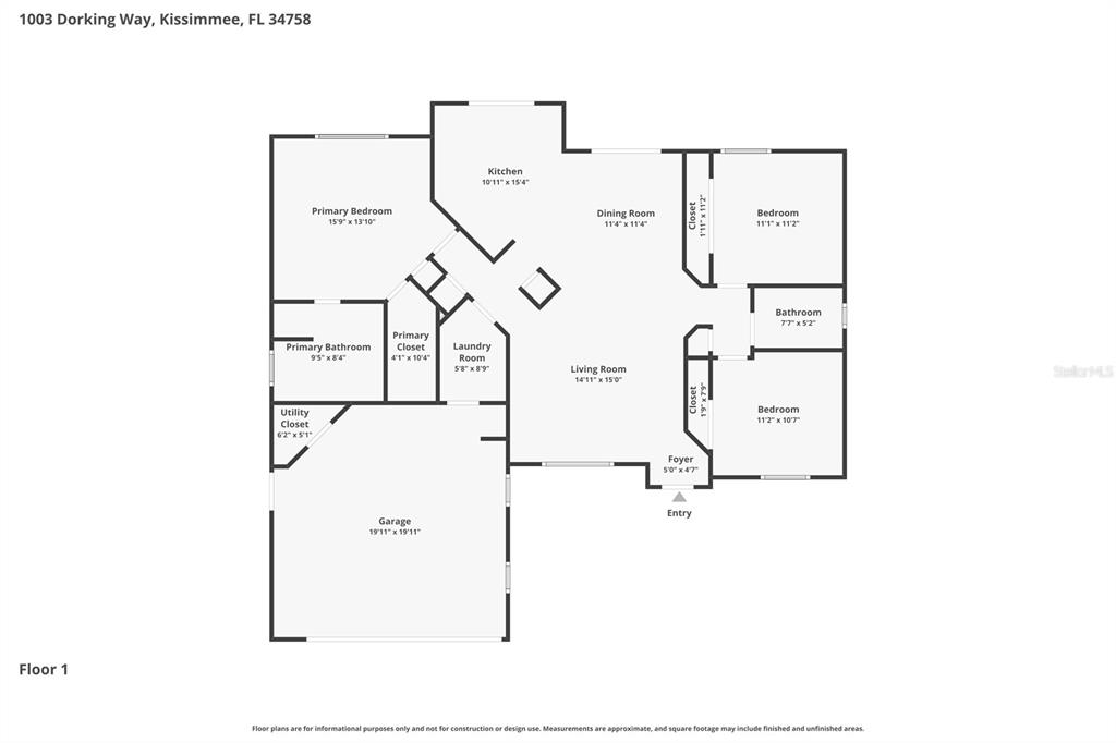 This is a floor plan for a single-story house with a garage and three bedrooms — 1003 DORKING WAY, KISSIMMEE, FL