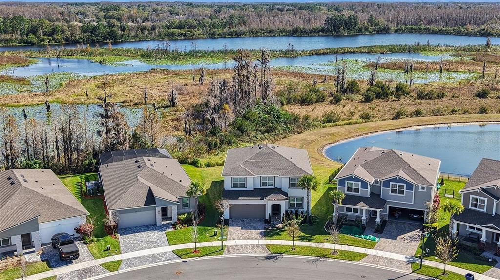 An aerial view shows several suburban houses situated along a curved street near a lake — 2326 VILLAGE AMBLE LOOP, LUTZ, FL