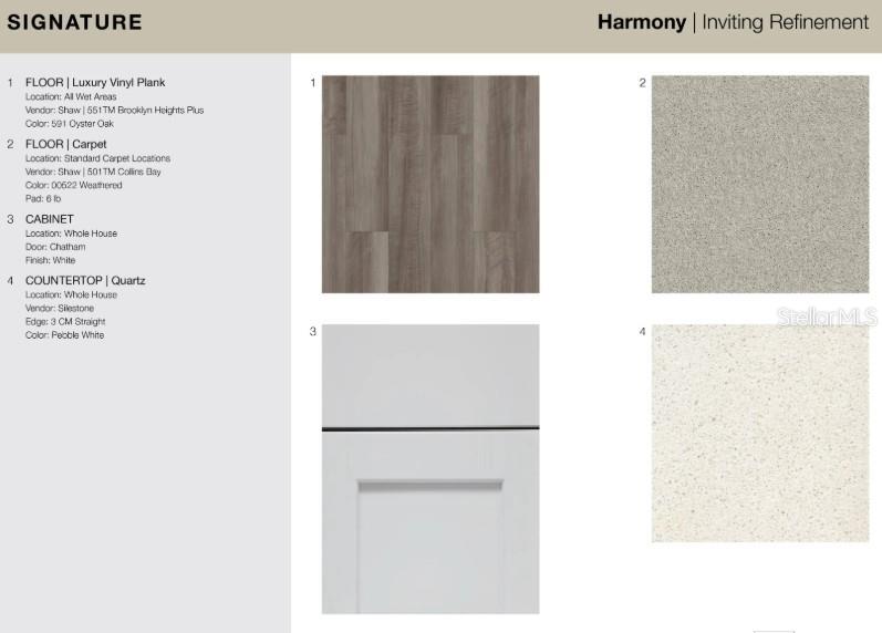 This design board displays flooring, cabinet, and countertop samples for a home interior — 13818 SAWMILL STREET, PARRISH, FL
