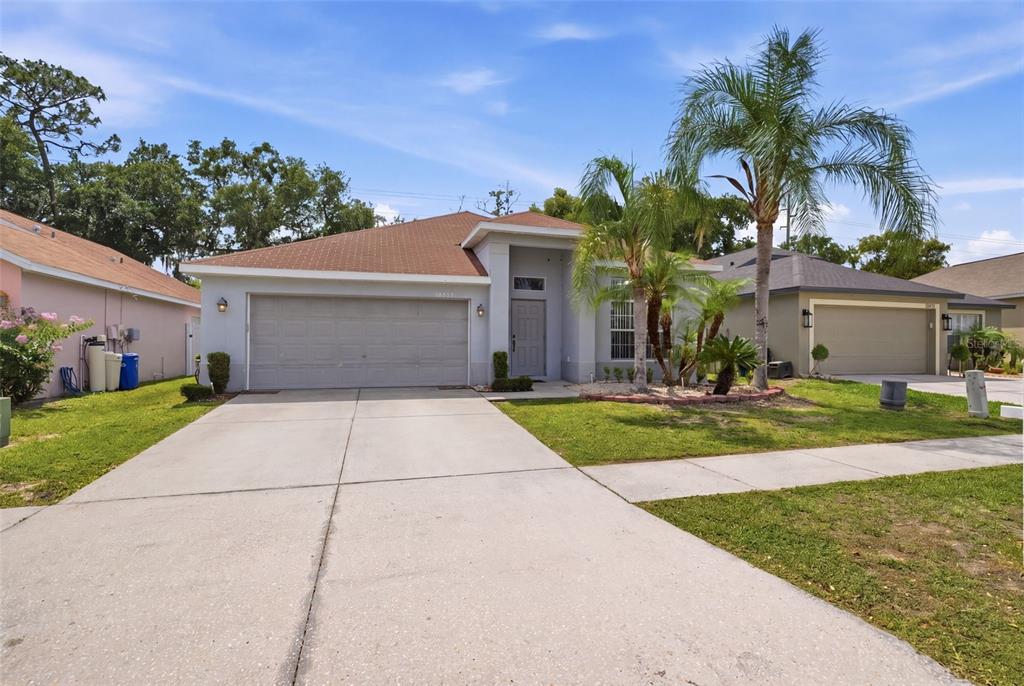 A single-story suburban house with a gray garage, concrete driveway, and palm trees in front — 34507 SMART DRIVE, ZEPHYRHILLS, FL