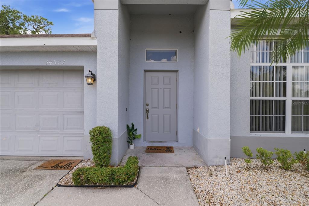 The exterior of a house features a gray front door, a garage, and landscaping — 34507 SMART DRIVE, ZEPHYRHILLS, FL