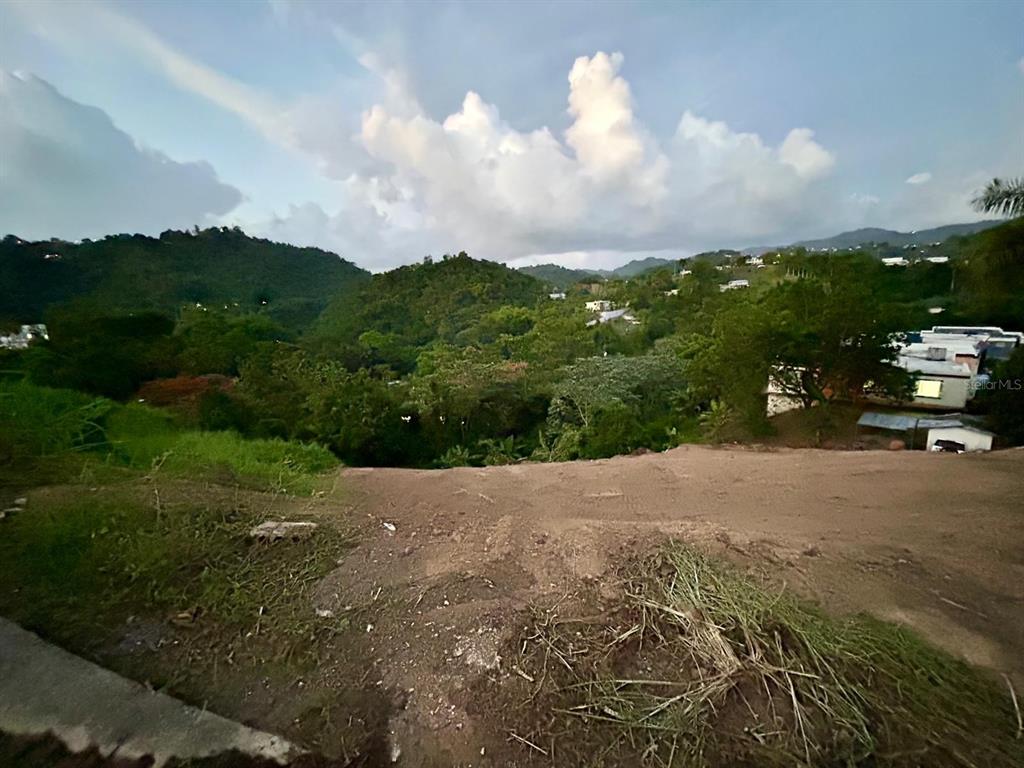 An elevated dirt lot overlooks a lush, mountainous landscape with scattered houses in the distance — 164 St. km 4.4 BO. NUEVO, NARANJITO, PR