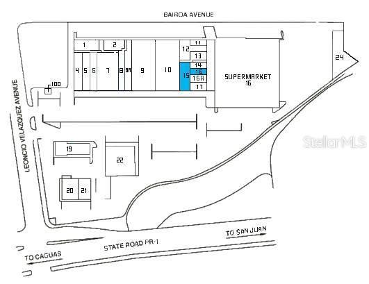 This is a site plan map showing the layout of a commercial shopping center — 1 PR-1 INT. LEONICIO VELAZQUEZ, CAGUAS, PR