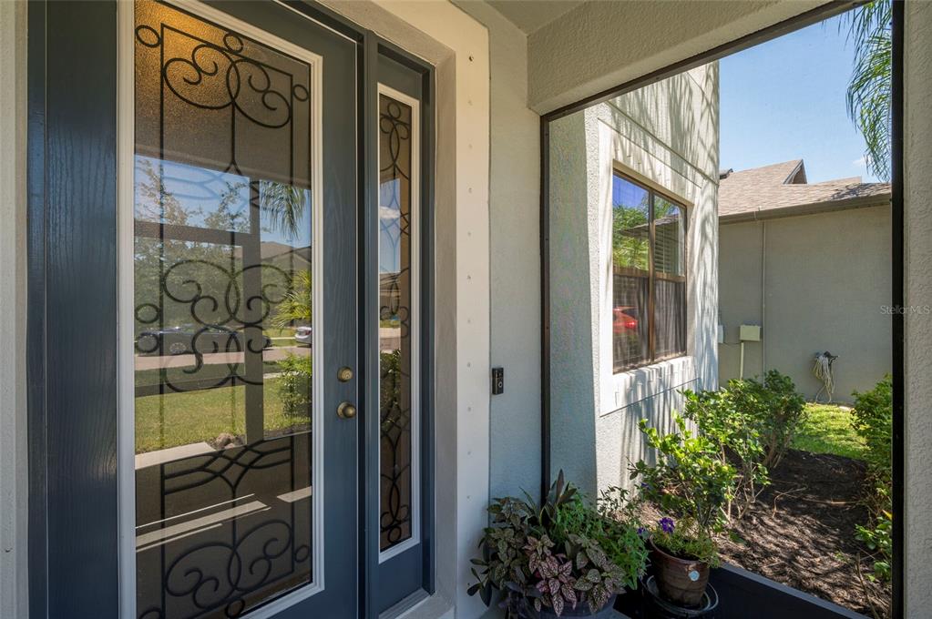 A front entryway features a dark blue door with decorative glass panels and a sidelight — 11420 AMAPOLA BLOOM COURT, RIVERVIEW, FL