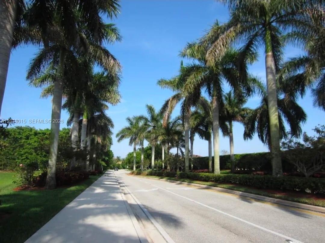 A paved road is lined with tall palm trees and manicured hedges under a blue sky — 8014 Big Pine Way, Riviera Beach FL 33407, RIVIERA BEACH, FL