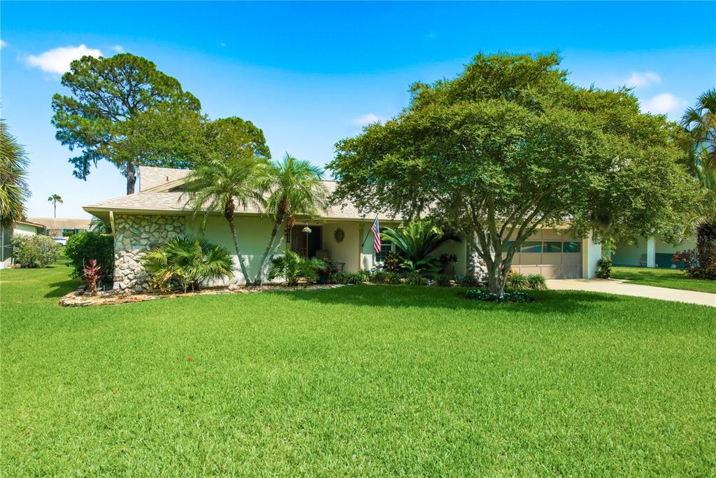 A single-story house with a beige garage, stone accents, and a palm tree in front — 5468 NIMITZ ROAD, NEW PORT RICHEY, FL