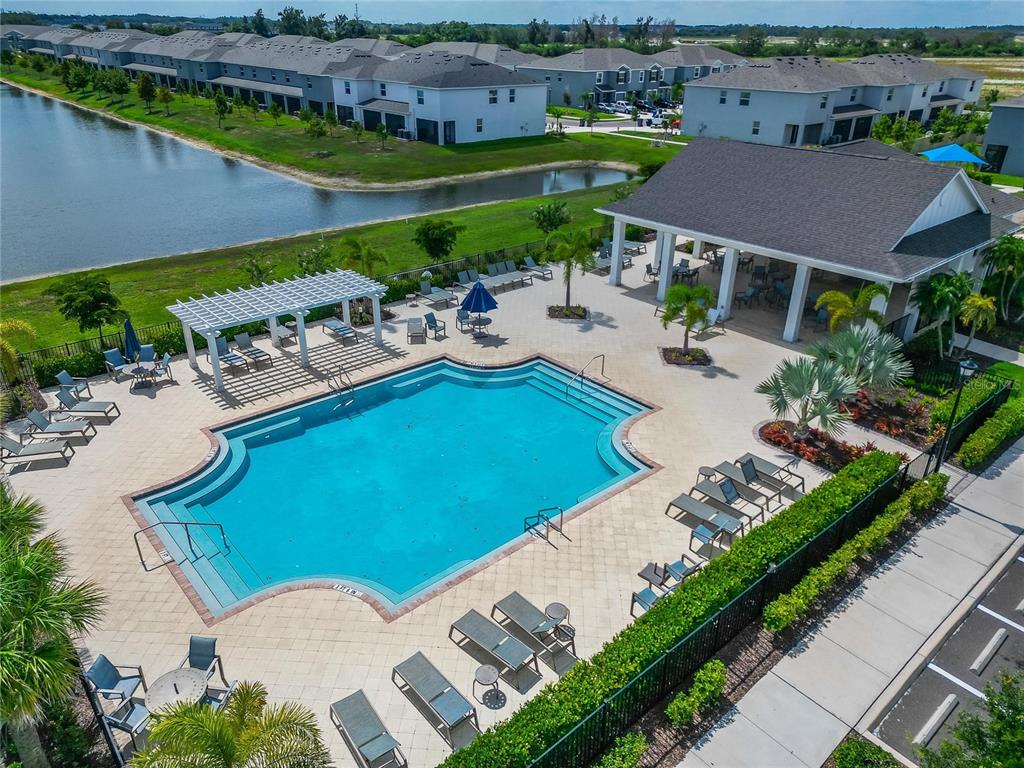 An aerial view of a community swimming pool with a pergola and covered patio area — 472 MANGROVE SHADE CIRCLE, APOLLO BEACH, FL