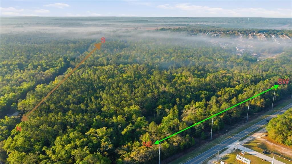 An aerial view shows a dense forest area bordered by a road and power lines — 6630 N TREEFARM AVENUE, BEVERLY HILLS, FL
