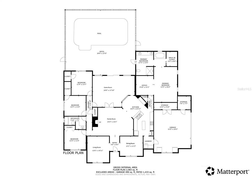 This is a floor plan of a house featuring a pool, patio, and attached garage — 2801 SE 14TH STREET, OCALA, FL