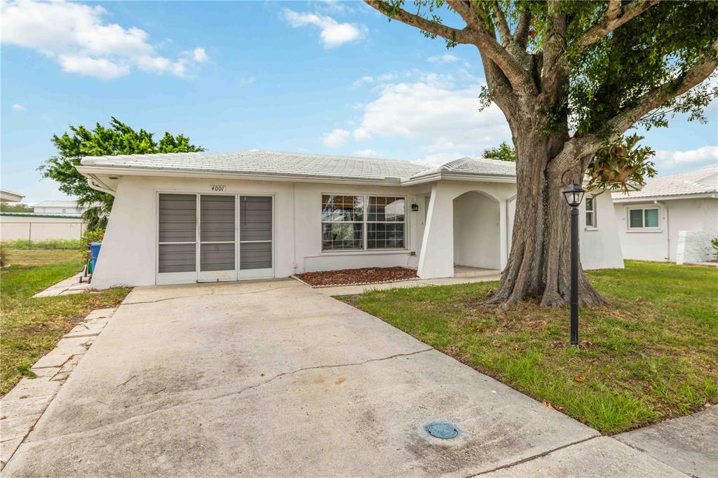A single-story white house with a concrete driveway and a large tree in front — 4001 CHINABERRY ROAD, BRADENTON, FL