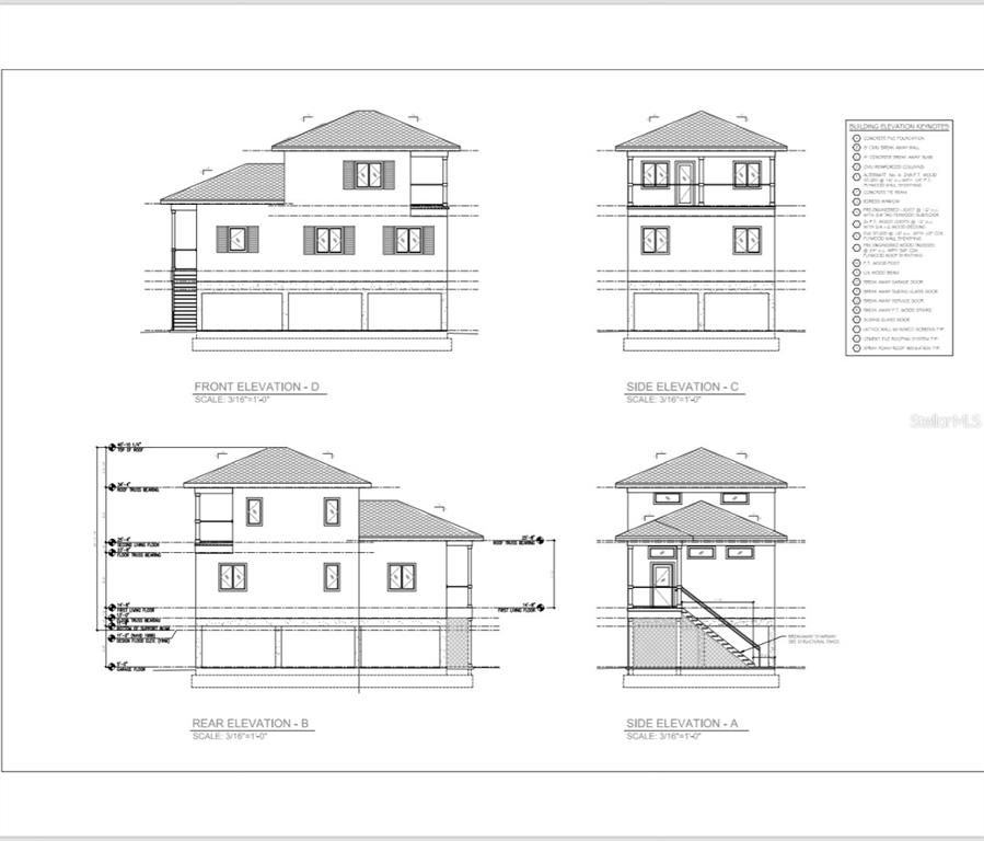 This architectural rendering shows the four exterior elevations of a two-story house on stilts — 119 95TH AVENUE, TREASURE ISLAND, FL
