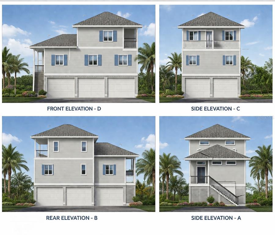 This architectural rendering shows four exterior elevations of a three-story house with a garage — 119 95TH AVENUE, TREASURE ISLAND, FL