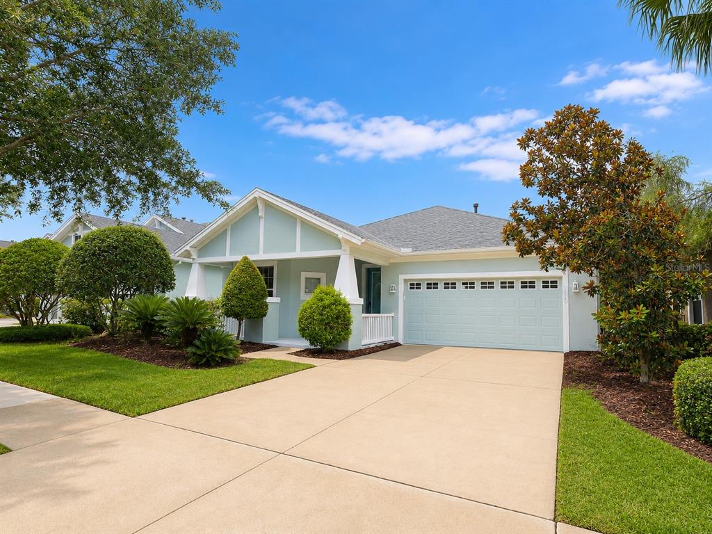 A light blue single-story house with a two-car garage and a landscaped front yard — 8119 HAMPTON LAKE DRIVE, TAMPA, FL