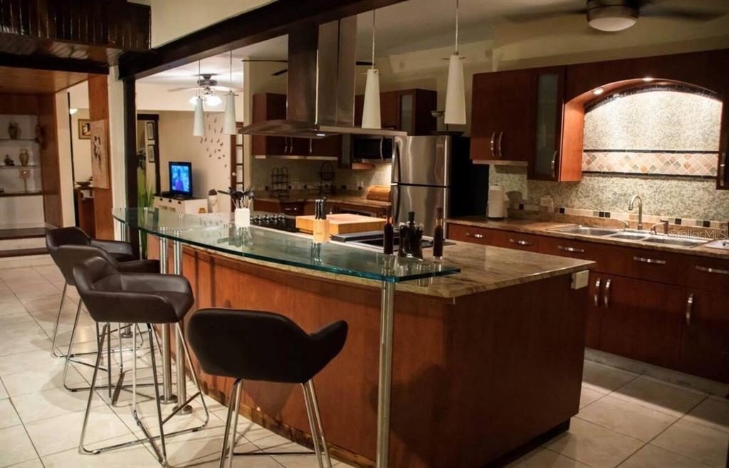 A kitchen features a glass-topped island, dark wood cabinetry, and stainless steel appliances — 14 PALMA DE SIERRA, CAROLINA, PR