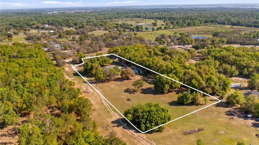 An aerial view shows a rectangular property boundary outlined over a wooded, grassy lot — 21289 COUNTY ROAD 455, CLERMONT, FL
